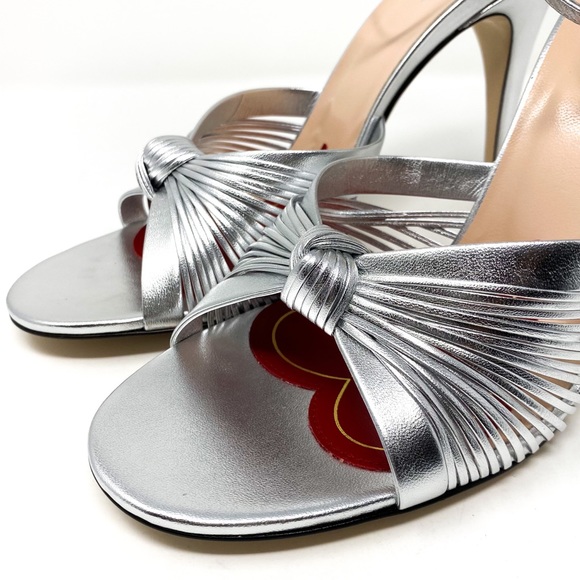 GUCCI Crawford Knotted Leather Silver Metallic Strap Heel Sandals - Picture 2 of 11